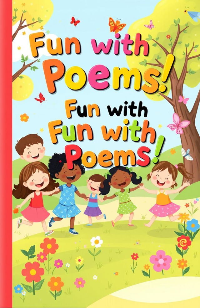 A delightful and colorful preschool poem book cover featuring a whimsical illustration of a group of joyful preschool kids playing in a sunny park with trees, flowers, and butterflies