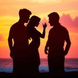 An intriguing and vibrant image showcasing the body shadows of two men and one woman, representing a Brazilian woman and two Korean men