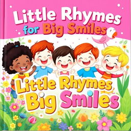 A charming preschool poem book cover featuring an enchanting illustration of young children laughing and playing together in a colorful garden filled with flowers and friendly animals