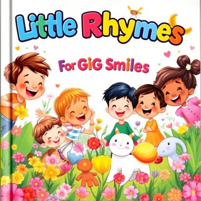 A charming preschool poem book cover featuring an enchanting illustration of young children laughing and playing together in a colorful garden filled with flowers and friendly animals