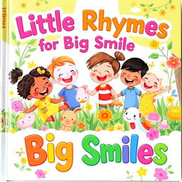 A charming preschool poem book cover featuring an enchanting illustration of young children laughing and playing together in a colorful garden filled with flowers and friendly animals