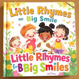 A charming preschool poem book cover featuring an enchanting illustration of young children laughing and playing together in a colorful garden filled with flowers and friendly animals