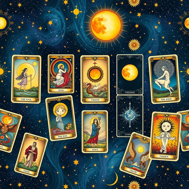 A stunning wallpaper design featuring an illustrative tarot theme, showcasing various tarot cards like The Fool, The Moon, and The Sun