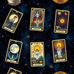 A stunning wallpaper design featuring an illustrative tarot theme, showcasing various tarot cards like The Fool, The Moon, and The Sun