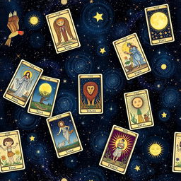 A stunning wallpaper design featuring an illustrative tarot theme, showcasing various tarot cards like The Fool, The Moon, and The Sun
