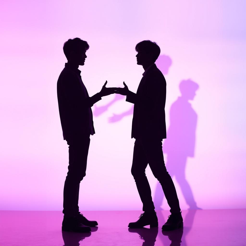 An imaginative and engaging image featuring the body shadows of two men and one woman, representing a Brazilian woman with two men styled as K-Pop idols from the popular group BTS