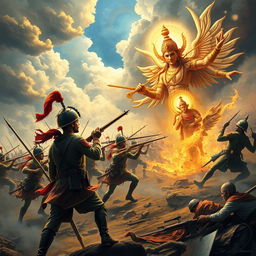 A captivating cover art illustrating an intense battle scene between a 19th-century modern army and a divine Hindu army of heaven