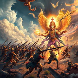 A captivating cover art illustrating an intense battle scene between a 19th-century modern army and a divine Hindu army of heaven