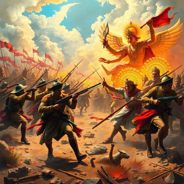 A captivating cover art illustrating an intense battle scene between a 19th-century modern army and a divine Hindu army of heaven