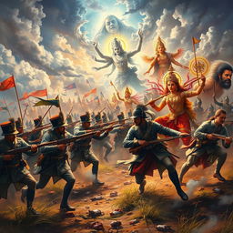 A captivating cover art illustrating an intense battle scene between a 19th-century modern army and a divine Hindu army of heaven