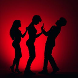An artistic and evocative image featuring the body shadows of two men and one woman engaged in a playful game of seduction