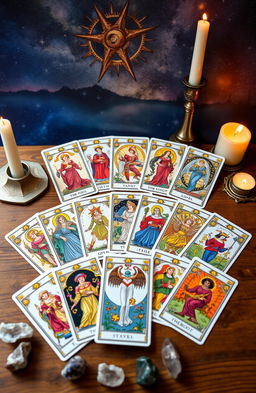 A beautifully illustrated deck of tarot cards, featuring intricate designs and vibrant colors