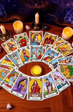 A beautifully illustrated deck of tarot cards, featuring intricate designs and vibrant colors