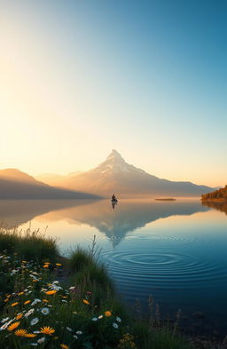 A serene landscape reflecting the theme of hidden strength, featuring a majestic mountain range in the background, bathed in soft morning light