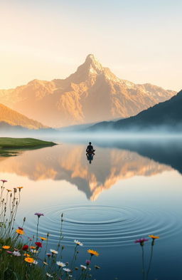 A serene landscape reflecting the theme of hidden strength, featuring a majestic mountain range in the background, bathed in soft morning light
