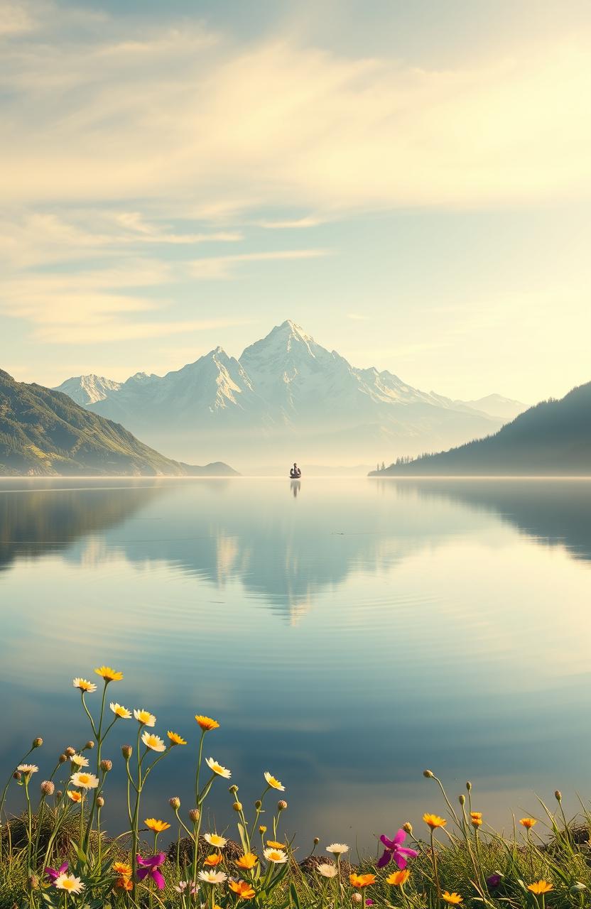 A serene landscape reflecting the theme of hidden strength, featuring a majestic mountain range in the background, bathed in soft morning light