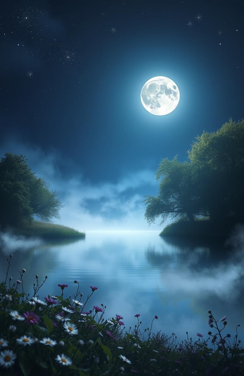 A dreamlike scene featuring the captivating illumination of moonlight, casting a soft glow over a tranquil landscape