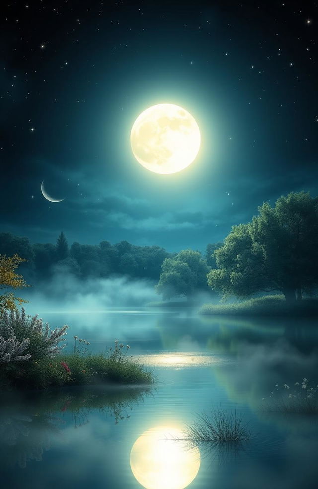 A dreamlike scene featuring the captivating illumination of moonlight, casting a soft glow over a tranquil landscape