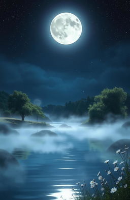 A dreamlike scene featuring the captivating illumination of moonlight, casting a soft glow over a tranquil landscape