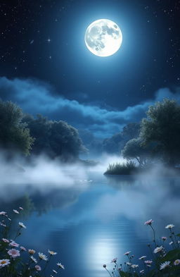 A dreamlike scene featuring the captivating illumination of moonlight, casting a soft glow over a tranquil landscape