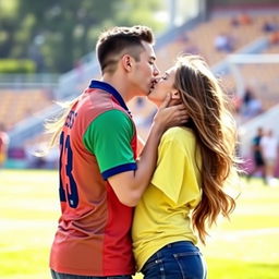 A romantic scene with a man wearing a vibrant football shirt, passionately kissing his girlfriend