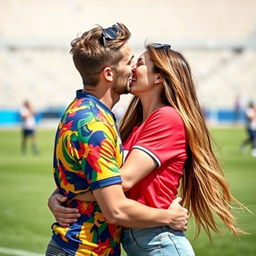 A romantic scene with a man wearing a vibrant football shirt, passionately kissing his girlfriend
