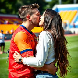 A romantic scene with a man wearing a vibrant football shirt, passionately kissing his girlfriend