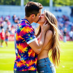 A romantic scene with a man wearing a vibrant football shirt, passionately kissing his girlfriend