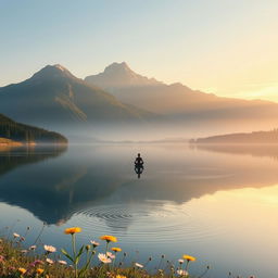 A serene landscape reflecting the theme of hidden strength, featuring a majestic mountain range in the background, bathed in soft morning light