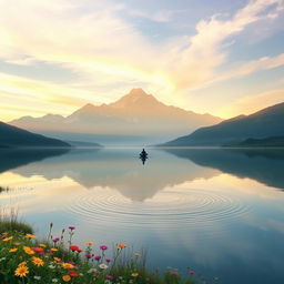 A serene landscape reflecting the theme of hidden strength, featuring a majestic mountain range in the background, bathed in soft morning light