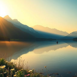 A serene landscape reflecting the theme of hidden strength, featuring a majestic mountain range in the background, bathed in soft morning light