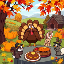 A vibrant and colorful Thanksgiving-themed cartoon scene depicted in pixel art style