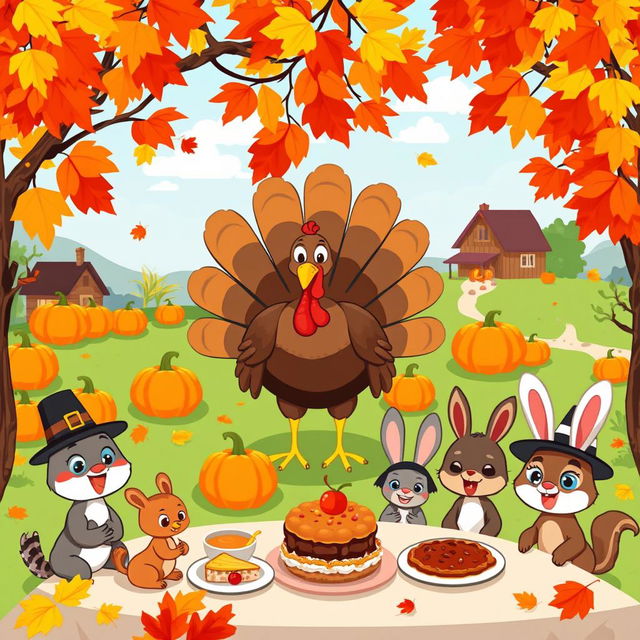 A vibrant and colorful Thanksgiving-themed cartoon scene depicted in pixel art style