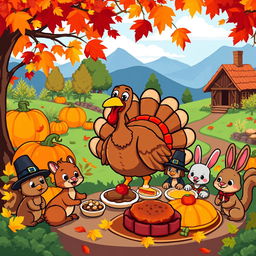 A vibrant and colorful Thanksgiving-themed cartoon scene depicted in pixel art style