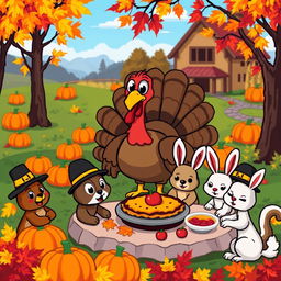 A vibrant and colorful Thanksgiving-themed cartoon scene depicted in pixel art style