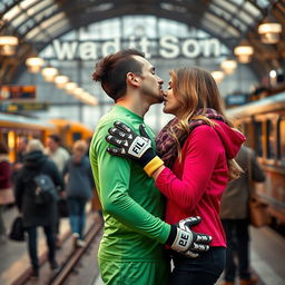 A romantic moment featuring a goalkeeper in his football kit, passionately kissing his girlfriend against the backdrop of a bustling train station