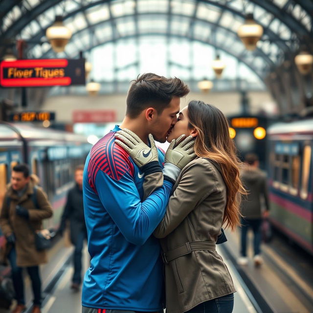 A romantic moment featuring a goalkeeper in his football kit, passionately kissing his girlfriend against the backdrop of a bustling train station