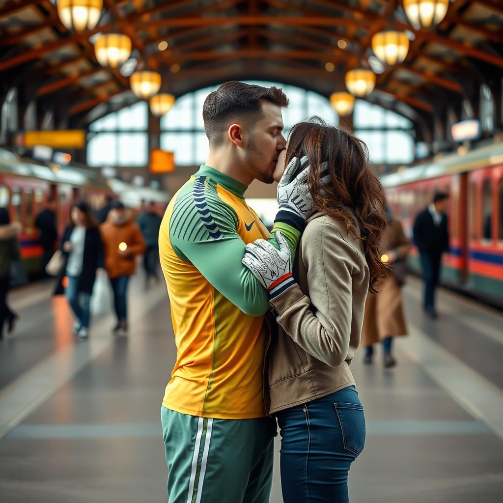 A romantic moment featuring a goalkeeper in his football kit, passionately kissing his girlfriend against the backdrop of a bustling train station