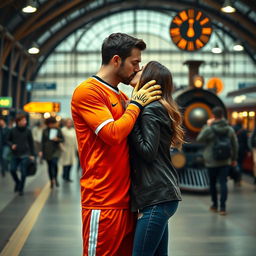A romantic moment featuring a goalkeeper in his football kit, passionately kissing his girlfriend against the backdrop of a bustling train station