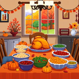 A vibrant and festive pixel art representation of a Thanksgiving scene