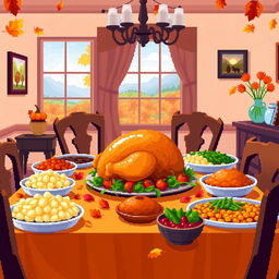 A vibrant and festive pixel art representation of a Thanksgiving scene