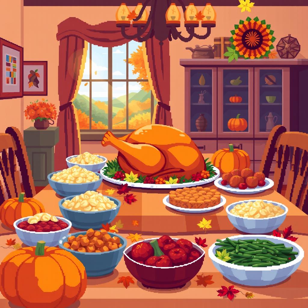 A vibrant and festive pixel art representation of a Thanksgiving scene