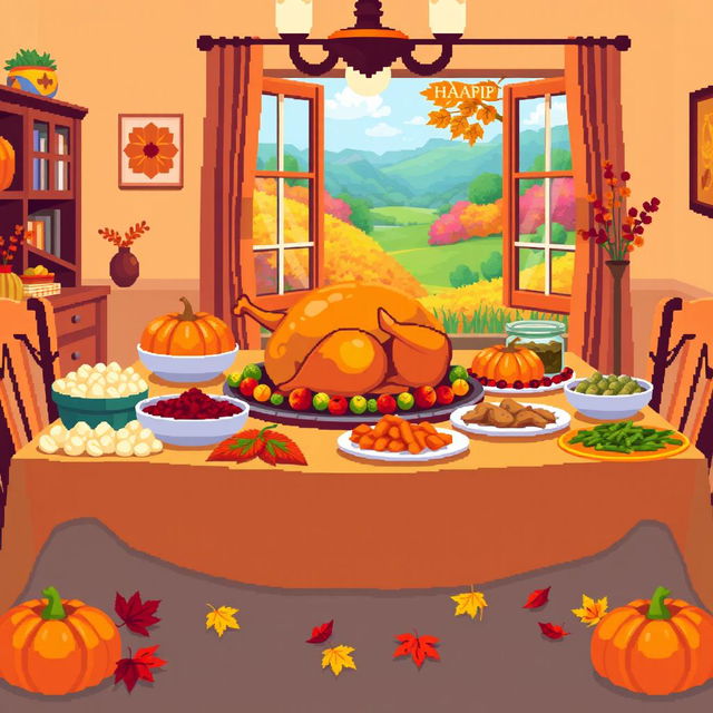 A vibrant and festive pixel art representation of a Thanksgiving scene