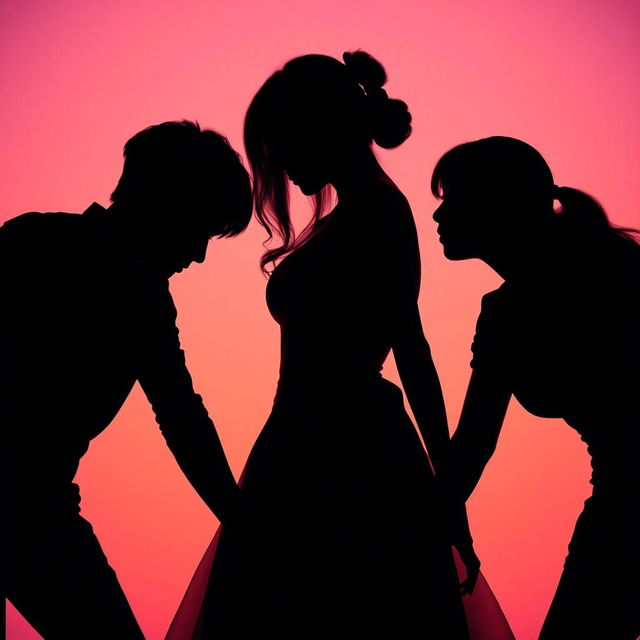 A romantic silhouette scene featuring a woman positioned between two K-Pop idols