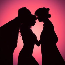 A romantic silhouette scene featuring a woman positioned between two K-Pop idols
