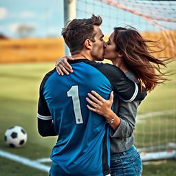 A heartfelt moment featuring a goalkeeper, wearing a shirt with the number one prominently displayed on the back, passionately kissing his girlfriend