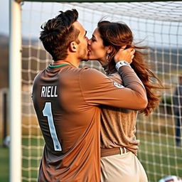 A heartfelt moment featuring a goalkeeper, wearing a shirt with the number one prominently displayed on the back, passionately kissing his girlfriend