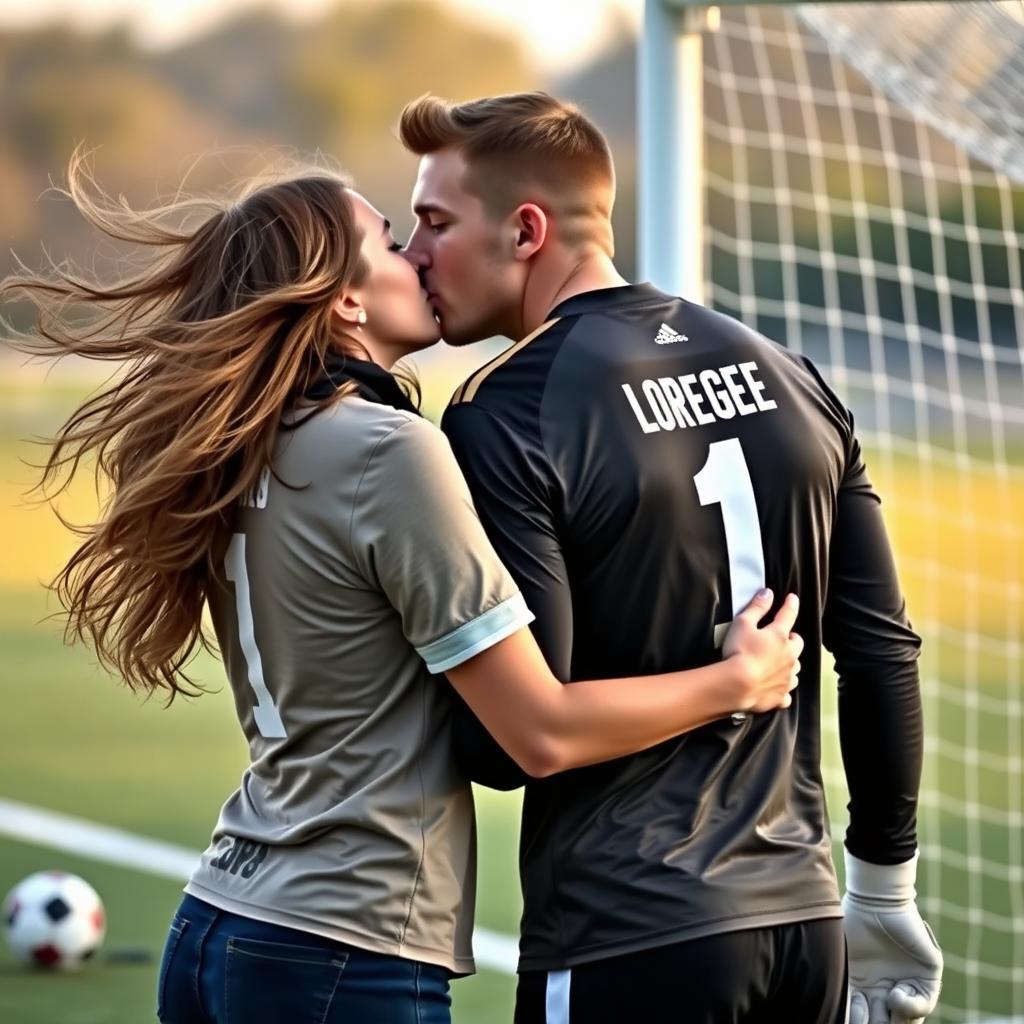 A heartfelt moment featuring a goalkeeper, wearing a shirt with the number one prominently displayed on the back, passionately kissing his girlfriend