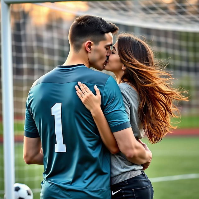 A heartfelt moment featuring a goalkeeper, wearing a shirt with the number one prominently displayed on the back, passionately kissing his girlfriend