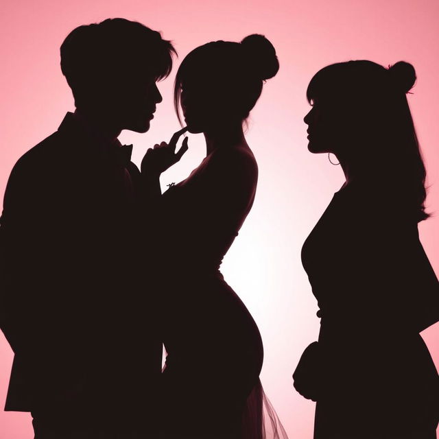 A romantic silhouette scene featuring a woman positioned elegantly between two K-Pop idols